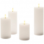 Preview: Indoor Flat LED Candle Set large white, 4 Kerzen mit DM 7,5cm, Höhen: 10cm, 13,5cm, 17cm und 20cm, IP20, benötigt 8x AA 1,5V Batterien